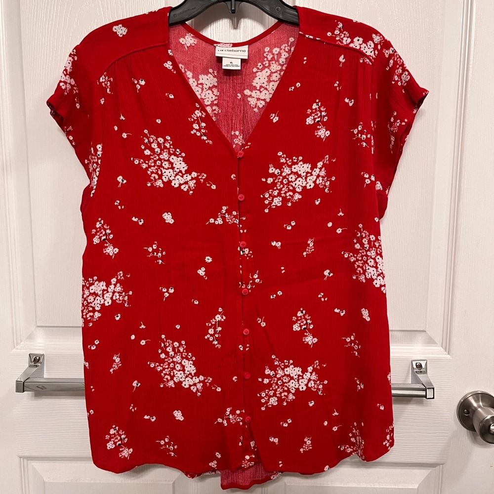 Liz Claiborne Red Floral Button Front V-Neck Rayon Blouse XL Short Sleeve